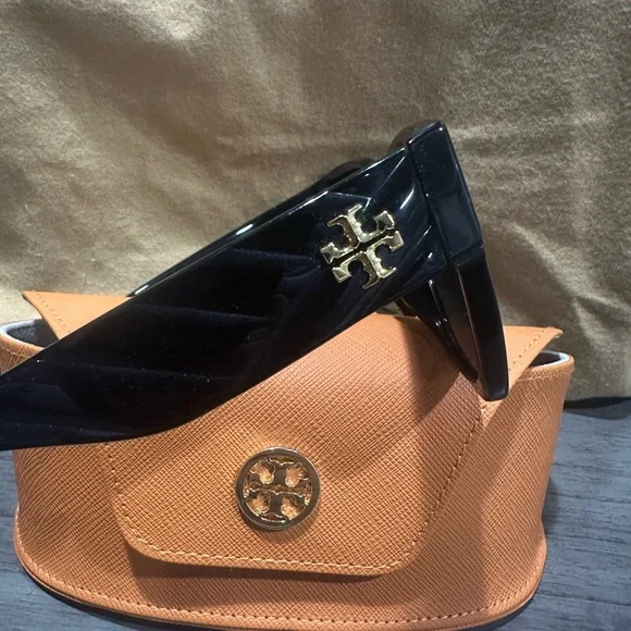 Tory Burch Black Sunglasses with Gold Accents and Orange Case
